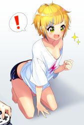 Rule 34 | !, 1girl, :d, areola slip, arm support, ass, bare legs, bare shoulders, barefoot, blonde hair, blue hair, blue shorts, blush, breasts, butt crack, collarbone, controller, dolphin shorts, downblouse, fujiya takao, green eyes, highres, holding, holding controller, kneeling, looking away, midriff, multicolored hair, no bra, open mouth, original, shadow, shirt, short hair, short shorts, short sleeves, shorts, sidelocks, small breasts, smile, solo focus, sparkle, spoken exclamation mark, streaked hair, sweatdrop, thighs, two-tone hair, v-neck, v-shaped eyebrows, white shirt