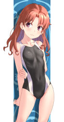 Rule 34 | 1girl, :3, arms behind back, bare shoulders, black one-piece swimsuit, blue background, blush, border, breasts, closed mouth, collarbone, covered navel, cowboy shot, groin, hand on own elbow, letterboxed, long hair, looking to the side, one-piece swimsuit, outside border, parted bangs, pink lips, raika9, red eyes, red hair, shirai kuroko, small breasts, solo, standing, straight hair, swimsuit, toaru kagaku no railgun, toaru majutsu no index, tokiwadai school swimsuit, twitter username, two-tone one-piece swimsuit, white border, white one-piece swimsuit
