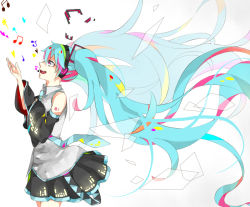 Rule 34 | 1girl, aqua hair, bad id, bad pixiv id, detached sleeves, floating hair, hatsune miku, headset, hisame, long hair, musical note, necktie, open mouth, simple background, skirt, solo, twintails, very long hair, vocaloid, white background
