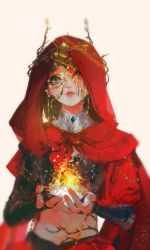 Rule 34 | 1girl, cape, closed mouth, copyright request, green eyes, hands up, highres, holding flame, hood, hood up, hooded cape, ibuki satsuki, jianxia qingyuan (series), jianxia qingyuan online 3, long sleeves, medium hair, navel, red hood, red theme, simple background, solo, stomach, upper body, white background
