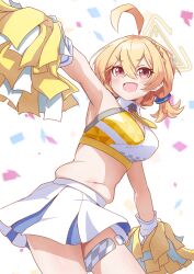 Rule 34 | 1girl, ahoge, armpits, ascot, blonde hair, blue archive, breasts, cheerleader, commentary, detached collar, hair between eyes, halo, highres, holding, holding pom poms, kirigakure (iroiro tsukauyo), kotori (blue archive), kotori (cheer squad) (blue archive), looking at viewer, medium breasts, midriff, millennium cheerleader outfit (blue archive), navel, official alternate costume, plump, pom pom (cheerleading), pom poms, red eyes, short hair, short twintails, skirt, solo, thigh strap, triangle halo, twintails, white background, white skirt, yellow ascot, yellow halo