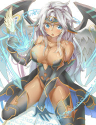 Rule 34 | 1girl, animal ears, archangel metatron (p&amp;d), bad id, bad pixiv id, blue eyes, breasts, cleavage, colored eyelashes, dark-skinned female, dark angel metatron (p&amp;d), dark skin, elbow gloves, gloves, highres, kukkumann, large breasts, long hair, open mouth, puzzle &amp; dragons, silver hair, sitting, solo, thighhighs, wariza, wings