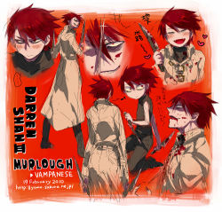 Rule 34 | 1boy, bad id, bad pixiv id, blood, blood from mouth, blood on face, blush, colored skin, closed eyes, fangs, heart, knife, long coat, murlough, purple skin, red hair, short hair, smile, the saga of darren shan, turtleneck, yomunow