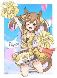 Rule 34 | 1girl, alternate costume, animal ears, armpits, arms up, balloon, breasts, hair ornament, highres, horse girl, jumping, looking at viewer, medium hair, one eye closed, open mouth, pom pom (cheerleading), rakugakiraid, ribbon, short twintails, shorts, small breasts, smart falcon (twilight triumph) (umamusume), smart falcon (umamusume), sweat, teeth, twintails, umamusume, upper teeth only