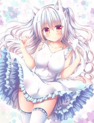 Rule 34 | 1girl, animal ears, blush, breasts, cat ears, cat girl, cat tail, closed mouth, collarbone, commentary request, dress, frilled dress, frills, hair between eyes, head tilt, long hair, looking at viewer, medium breasts, original, red eyes, silver hair, sleeveless, sleeveless dress, smile, solo, star (symbol), suzukawa yui, tail, tail grab, tail raised, thighhighs, very long hair, white dress, white thighhighs
