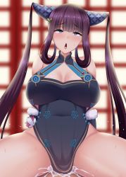 Rule 34 | 1girl, backlighting, bare shoulders, black dress, blue eyes, blunt bangs, blush, breasts, china dress, chinese clothes, cleavage, cum, cum in pussy, detached sleeves, dress, fate/grand order, fate (series), hair ornament, highres, kisaragi nana, large breasts, long hair, looking at viewer, purple hair, revision, sex, sidelocks, solo focus, twintails, very long hair, yang guifei (fate), yang guifei (second ascension) (fate)