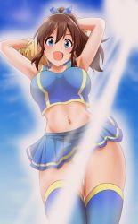 Rule 34 | 1girl, :d, armpits, blue eyes, breasts, brown hair, cheerleader, crop top, crop top overhang, feet out of frame, highres, holding, holding pom poms, idolmaster, idolmaster million live!, light censor, light rays, long hair, medium breasts, midriff, mokocchi (susanootransam), navel, open mouth, panties, pantyshot, pom pom (cheerleading), pom poms, ponytail, satake minako, smile, solo, sun, thighhighs, underwear, white panties