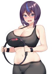 Rule 34 | 1girl, bare shoulders, black hair, blue eyes, blue hair, blush, breasts, cleavage, collarbone, cowboy shot, hair between eyes, heart, kuavera, large breasts, looking at viewer, miyako (kuavera), multicolored hair, navel, nose blush, open mouth, original, ring fit adventure, short hair, simple background, solo, sports bra, streaked hair, sweat, symbol-shaped pupils, tank top, underwear, white background