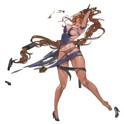 Rule 34 | 1girl, absurdly long hair, areola slip, armpits, arms up, belt, black gloves, blush, braid, breasts, brown eyes, closed eyes, curvy, dark-skinned female, dark skin, defeat, dress, full body, game cg, gloves, gluteal fold, gun, handgun, high heels, highres, injury, last origin, long hair, low-tied long hair, miss safety, navel, no bra, official art, open mouth, panties, parted bangs, pistol, police, police badge, police uniform, policewoman, ponytail, revolver, rorobomb, shirt, unworn shoe, shoes, unworn shoes, short dress, single braid, solo, tachi-e, thong, tight clothes, tight shirt, toned, torn clothes, transparent background, underwear, uniform, very long hair, weapon, wide hips