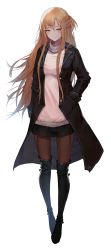 Rule 34 | 1girl, absurdres, asuna (sao), black footwear, black jacket, black pantyhose, black skirt, blush, boots, braid, brown eyes, brown hair, brown thighhighs, closed mouth, commentary, english commentary, erospanda, full body, hair between eyes, hand in pocket, highres, jacket, long hair, long sleeves, miniskirt, open clothes, open jacket, pantyhose, pleated skirt, simple background, skirt, solo, standing, sweater, sword art online, thigh boots, thighhighs, very long hair, white background, white sweater