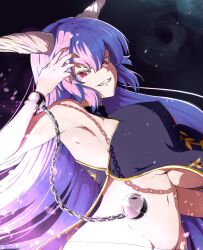 Rule 34 | 1girl, black background, breasts, chain, covered erect nipples, cuffs, fingernails, grin, groin, highres, horns, ibaraki douji (touhou), ibaraki kasen, large breasts, long fingernails, long hair, looking at viewer, navel, pepelonthi, pink hair, red eyes, shackles, smile, solo, touhou, underboob, upper body