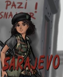 Rule 34 | 1girl, absurdres, assault rifle, beret, black hat, black shirt, bosnia and herzegovina, bosnia and herzegovina flag, brown eyes, brown hair, camouflage, camouflage jacket, coat of arms, commentary, english commentary, graffiti, gun, gun sling, hat, highres, holding, holding gun, holding weapon, jacket, looking to the side, mardjan, medium hair, original, parted bangs, pouch, rifle, road, serbo-croatian text, shirt, short sleeves, sketch, sleeveless, sleeveless jacket, solo, street, translated, wavy hair, weapon, worried
