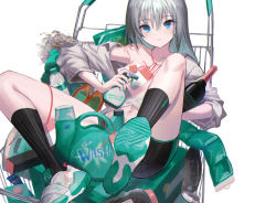 Rule 34 | 1girl, bike shorts, black shorts, black socks, blue eyes, bottle, breasts, can, hair between eyes, hayama eishi, holding, jar, kneehighs, looking at viewer, navel, open clothes, open shirt, original, parted lips, shirt, shoes, shopping cart, shorts, silver hair, simple background, sitting, small breasts, sneakers, soap, socks, solo, spray bottle, white background