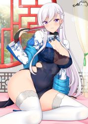Rule 34 | 1girl, alternate costume, azur lane, belfast (azur lane), belfast (iridescent rosa) (azur lane), belfast (iridescent rosa) (azur lane), blue eyes, blue footwear, blue nails, blush, braid, breasts, chain, china dress, chinese clothes, collar, day, dress, earrings, folded fan, folding fan, hand fan, heart, heart earrings, high heels, holding, holding fan, indoors, jewelry, large breasts, long hair, looking at viewer, nail polish, panties, ppshex, side-tie panties, sidelocks, signature, silver hair, sitting, smile, solo, thighhighs, underwear, white thighhighs, window, yokozuwari