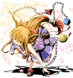 Rule 34 | 1girl, belt, bottle, bow, chain, fangs, female focus, flask (artist), flask (pandora), full body, hair bow, highres, horns, ibuki suika, long hair, looking at viewer, open mouth, orange hair, ribbon, shaded face, skirt, solo, touhou, transparent background, white background, wrist cuffs