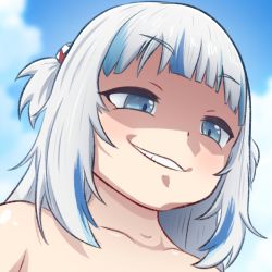 Rule 34 | 1girl, bare shoulders, blue eyes, blue hair, blue sky, blunt bangs, clenched teeth, cloud, collarbone, commentary, english commentary, gawr gura, greatm8, grin, hair ornament, half-closed eyes, highres, hololive, hololive english, looking to the side, medium hair, multicolored hair, parted lips, photoshop (medium), portrait, shaded face, shark hair ornament, sky, smile, solo, source filmmaker (medium), streaked hair, teeth, topless, two side up, virtual youtuber, white hair
