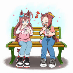 Rule 34 | 2girls, :d, ^ ^, absurdres, ahoge, animal ears, appleq, bag, black footwear, blue eyes, blue pants, blush, brown hair, closed eyes, collared shirt, commentary request, converse, cup, day, denim, disposable cup, drawstring, drinking straw, forehead, highres, holding, holding cup, hood, hood down, hoodie, horse ears, horse girl, horse tail, jeans, long hair, long sleeves, mihono bourbon (umamusume), multiple girls, notice lines, on bench, open mouth, pants, petals, pink hoodie, pink shirt, ponytail, sakura bakushin o (umamusume), shirt, shoes, short sleeves, shoulder bag, sidelocks, sitting, smile, swept bangs, tail, umamusume, very long hair