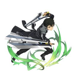 Rule 34 | 1boy, black coat, black eyes, black footwear, black gloves, black hair, black pants, closed mouth, coat, dual wielding, fingerless gloves, gloves, highres, holding, holding sword, holding weapon, kirito, kirito (sao-alo), long sleeves, looking at viewer, male focus, official art, pants, smile, solo, sword, sword art online, transparent background, weapon