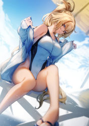 Rule 34 | 1girl, bare shoulders, beach, beach umbrella, blonde hair, blue eyes, blue sky, blurry, blurry background, breasts, closed mouth, commentary, competition swimsuit, covered navel, day, fate/grand order, fate (series), foot out of frame, genyaky, glasses, highleg, highleg swimsuit, highres, jacket, jeanne d&#039;arc (fate), jeanne d&#039;arc (swimsuit archer) (fate), jeanne d&#039;arc (swimsuit archer) (second ascension) (fate), large breasts, legs, long hair, long sleeves, looking at viewer, off shoulder, one-piece swimsuit, open clothes, open jacket, ponytail, sandals, sitting, sky, smile, swimsuit, umbrella, very long hair, whistle, whistle around neck, white jacket, white one-piece swimsuit