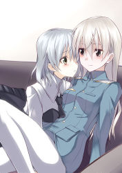 Rule 34 | 2girls, bent over, blonde hair, blue eyes, blush, casual, couch, couple, eila ilmatar juutilainen, eye contact, female focus, green eyes, imminent kiss, kurokawa (silve), leg lift, long hair, looking at another, military, military uniform, multiple girls, necktie, pantyhose, sanya v. litvyak, short hair, silver hair, sitting, skirt, smile, strike witches, uniform, white pantyhose, world witches series, yuri