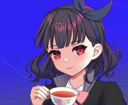 Rule 34 | 1girl, assault lily, black bow, black hair, black hairband, black jacket, blue background, blunt bangs, bow, bow hairband, bowtie, c-chrone, closed mouth, collared shirt, commentary request, cup, fingernails, gradient background, hair bow, hairband, hand up, highres, holding, holding cup, jacket, kuroki francisca yuria, long sleeves, looking at viewer, ludvico private girls&#039; academy school uniform, medium hair, pink bow, pink bowtie, portrait, purple background, red eyes, school uniform, shirt, smile, solo, tea, teacup, wavy hair, white shirt