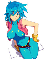 Rule 34 | 1girl, allenby beardsley, antenna hair, armpits, bad id, bad pixiv id, bare shoulders, belt, belt skirt, blue bodysuit, blue eyes, blue hair, bodysuit, breasts, breasts apart, buttons, covered erect nipples, covered navel, cowboy shot, cropped jacket, female focus, from above, g gundam, gloves, green eyes, gundam, hair between eyes, hand on own hip, impossible clothes, jacket, large breasts, light smile, looking at viewer, matching hair/eyes, metata, multicolored eyes, narrow waist, open clothes, open vest, shadow, shiny clothes, short hair, simple background, skin tight, smile, solo, thigh gap, turtleneck, unitard, vest, white background, yellow gloves