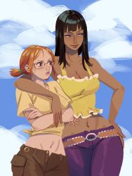 Rule 34 | 2girls, arms around neck, black hair, blue eyes, breasts, brown eyes, cleavage, crossed arms, glasses, highres, large breasts, medium breasts, midriff, multiple girls, nami (one piece), nico robin, one piece, orange hair, pants, ponytail, shirt, snickerdoobly