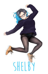 Rule 34 | 1girl, absurdres, black-framed eyewear, black hair, black pantyhose, blue eyes, blue hair, blue nails, blue panties, character name, choker, earrings, eyeshadow, full body, glasses, highres, jewelry, kopianget, looking at viewer, makeup, mole, mole above eye, multicolored hair, nail polish, nose piercing, original, panties, panties under pantyhose, pantyhose, piercing, shelby seraphine, short hair, smile, solo, sweater, two-tone hair, underwear, white background