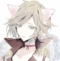 Rule 34 | 1boy, animal ears, auger von garibaldi, bell, black wolves saga, brown eyes, brown hair, cat boy, cat ears, collar, epaulettes, fang, formal, jacket, male focus, neck bell, open mouth, qi7pi, red collar, short hair, solo, white background