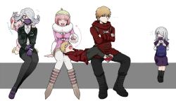 Rule 34 | ..., 10s, 2boys, 4girls, ando ruruka, backpack, bag, beanie, blonde hair, blue eyes, boots, child, coat, crossed arms, danganronpa (series), danganronpa 3 (anime), dress, dual persona, feeding, flipped hair, flying sweatdrops, food, fur-trimmed jacket, fur trim, gloves, hair over one eye, hat, izayoi sounosuke, jacket, kimura seiko, lap pillow, leather, leather jacket, looking at another, lying, macaron, mask, mouth mask, multiple boys, multiple girls, on back, pantyhose, pink hair, purple eyes, purple gloves, red eyes, shimada (dmisx), shoes, short hair, silver hair, simple background, sitting, skirt, sneakers, surgical mask, time paradox, white background