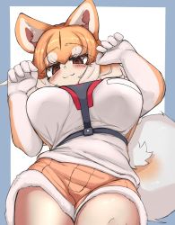 Rule 34 | 1girl, :3, animal ears, blush, breast pocket, breasts, brown eyes, brown shorts, chest harness, closed mouth, dog (shiba inu) (kemono friends), dog ears, dog girl, dog tail, female focus, gloves, harness, highres, kemono friends, large breasts, looking at viewer, lying, multicolored hair, on back, orange hair, paw pose, pocket, short hair, shorts, simple background, solo, tail, thighs, underboob, upper body, urisaba, white background, white hair