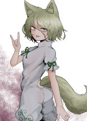 Rule 34 | 1girl, animal ear fluff, animal ears, blonde hair, fe (tetsu), finger touching, fox ears, fox tail, from behind, hair between eyes, highres, kudamaki tsukasa, looking at viewer, looking back, romper, short hair, short sleeves, solo, standing, tail, tongue, tongue out, touhou, white background, yellow eyes