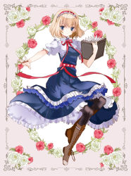Rule 34 | 1girl, alice margatroid, bad id, bad pixiv id, black pantyhose, blonde hair, blue eyes, book, boots, capelet, cierra (ra-bit), cross-laced footwear, dress, female focus, flower, hairband, lace-up boots, pantyhose, ra-bit, short hair, solo, touhou