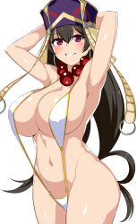Rule 34 | 1girl, alternate costume, armpits, arms behind head, arms up, bare shoulders, beads, black hair, blush, breasts, collarbone, cowboy shot, fate/grand order, fate (series), hat, horosuke, huge breasts, long hair, looking at viewer, navel, one-piece swimsuit, prayer beads, purple eyes, revealing clothes, sideboob, simple background, slingshot swimsuit, smile, solo, strap gap, swimsuit, white background, white one-piece swimsuit, xuangzang sanzang (fate)