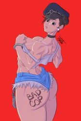 Rule 34 | 1girl, absurdres, alternate costume, armlet, ass, blue shorts, body writing, bracelet, breasts, brown eyes, brown hair, cabbie hat, capcom, choker, chun-li, collar, commentary request, company connection, cosplay, cuffs, denim, denim shorts, double bun, earrings, final fight, gage 199x, hair bun, handcuffs, hat, highres, jewelry, large breasts, long hair, looking back, muscular, poison (final fight), poison (final fight) (cosplay), red background, short shorts, shorts, signature, simple background, solo, strap slip, street fighter, tank top, thick thighs, thighs