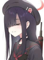 Rule 34 | 1girl, :3, assault rifle, black choker, black gloves, black hair, black serafuku, blue archive, blunt bangs, choker, closed eyes, closed mouth, collarbone, commentary request, gloves, gun, halo, hat, highres, justice task force member (blue archive), long bangs, long hair, long sleeves, rifle, school hat, school uniform, serafuku, sidelocks, simple background, smile, solo, udon f, upper body, weapon, white background