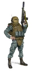 1boy absurdres ammunition_pouch assault_rifle bulletproof_vest full_body gun gun_sling highres holding holding_gun holding_weapon male_focus military_uniform original pouch rifle science_fiction soldier solo weapon whaleoil white_background