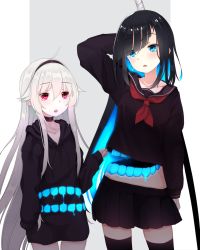 Rule 34 | 2girls, ahoge, aphilia (kiyomin), arm up, black choker, black hair, black hairband, black hoodie, black legwear, black sailor collar, black serafuku, black shirt, black skirt, blue eyes, blue hair, choker, colored inner hair, commentary request, finger to mouth, glowing, glowing hair, grey background, hair between eyes, hair flaps, hairband, head tilt, highres, hood, hood down, hoodie, kiyomin, long hair, long sleeves, midriff, monster girl, multicolored hair, multiple girls, neckerchief, neon trim, original, parted lips, pleated skirt, pointy ears, red eyes, red neckerchief, ringed eyes, sailor collar, school uniform, serafuku, shirt, shirt tug, silver hair, skirt, sleeves past fingers, sleeves past wrists, standing, thighhighs, two-tone background, two-tone hair, uosaki (muki), very long hair, white background