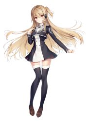 Rule 34 | 1girl, black thighhighs, blonde hair, blush, brown footwear, closed mouth, dress, floating hair, full body, game club project, hair between eyes, hand up, headset, loafers, long hair, long sleeves, looking at viewer, necomi, official art, one side up, red eyes, school uniform, shoes, short dress, sidelocks, simple background, smile, solo, standing, thighhighs, very long hair, virtual youtuber, white background, yumesaki kaede (game club project)