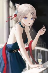 Rule 34 | 1girl, 9a-91 (girls&#039; frontline), :o, alternate costume, arm support, backless dress, backless outfit, bare shoulders, belt, blue belt, blue dress, blue eyes, blue nails, blush, champagne flute, collarbone, commentary, cowboy shot, cup, dress, drinking glass, flower, girls&#039; frontline, hair bun, hair flower, hair ornament, hair ribbon, hairclip, highres, holding, holding jewelry, holding ring, jewelry, kir (khw66136132), looking at viewer, nail polish, night, outdoors, parted bangs, red ribbon, ribbon, ring, sidelocks, solo, white hair