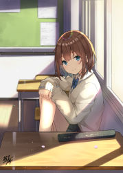 Rule 34 | 1girl, black skirt, blue bow, blue eyes, blush, bow, brown hair, chair, closed mouth, collared shirt, commentary request, desk, grey sweater, hair between eyes, highres, indoors, knees up, long sleeves, looking at viewer, miko fly, on chair, original, petals, pleated skirt, school chair, school desk, school uniform, shirt, sitting, skirt, sleeves past wrists, smile, solo, sweater, tube, white shirt, window, wooden floor