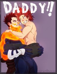 Rule 34 | 10s, 2boys, age difference, artist name, ass, ass grab, bara, blush, bodysuit, boku no hero academia, carrying, endeavor (boku no hero academia), facial hair, fire, grin, happy, holding, holding person, hug, kirishima eijirou, looking at another, looking away, male focus, multiple boys, muscular, nsfwfandom, parted lips, red hair, shoes, short hair, size difference, smile, spiked hair, standing, teeth, topless male, yaoi