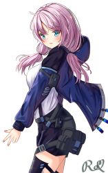 Rule 34 | 1girl, absurdres, arknights, bad id, bad pixiv id, belt, black belt, blue eyes, blue jacket, blue pants, blue poison (arknights), blue poison (elite ii) (arknights), blush, breasts, closed mouth, commentary request, highres, jacket, looking at viewer, pants, pink hair, ryn (rinorea), shirt, shorts, simple background, smile, solo, standing, thighhighs, twintails, white background, white shirt
