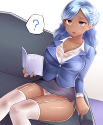 Rule 34 | 1girl, ?, blue hair, blue jacket, blue nails, breasts, cleavage, commentary request, couch, dark-skinned female, dark skin, garter straps, highres, jacket, large breasts, long hair, looking at viewer, miniskirt, nail polish, neit ni sei, open mouth, original, panties, pantyshot, purple eyes, shiny skin, sitting, skirt, solo, spoken question mark, sweat, thighhighs, translated, translucent, underwear, white thighhighs