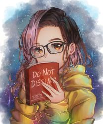 Rule 34 | 1girl, 2018, black-framed eyewear, book, brown eyes, brown hair, character request, commentary, copyright request, covered mouth, earrings, english commentary, forehead, glasses, hair dye, holding, holding book, hood, hood down, hoodie, jewelry, looking at viewer, medium hair, messy hair, multicolored hair, najinichan, open book, oversized clothes, pink hair, portrait, solo, star (symbol), star earrings, starry background, streaked hair, two-tone hair, yellow hoodie