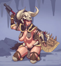 Rule 34 | 1girl, absurdres, arm cannon, armor, bikini armor, black hair, bolt, bone, bone armor (monster hunter), boots, bow (weapon), breast curtains, breasts, brown eyes, commentary, crossbow, english commentary, fake horns, fingerless gloves, full body, gloves, greatsword, hair ribbon, helmet, highres, horned helmet, horns, huge weapon, knee boots, knee pads, kneeling, large breasts, leather, leather gloves, lipstick, makeup, monster hunter, monster hunter: world, monster hunter (series), nervous sweating, parted lips, pelvic curtain, revealing clothes, ribbon, riz, sidelocks, skull on head, solo, sweat, sword, vambraces, weapon, weapon on back