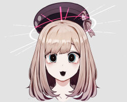 Rule 34 | 1girl, :3, beret, black eyes, black mouth, blue eyes, blush, bow, bright pupils, brown hair, collarbone, commentary request, cropped shoulders, empty eyes, floating hat, grey background, hair intakes, halo, hat, hat bow, hatyuuruinohito, highres, looking at viewer, lower teeth only, medium hair, multicolored eyes, nijisanji, open mouth, raised eyebrows, simple background, solo, straight-on, suzuhara lulu, suzuhara lulu (1st costume), teeth, virtual youtuber, white pupils, wide-eyed