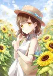 Rule 34 | 1girl, bag, blue sky, boater hat, bow, bracelet, braid, brown hair, cloud, collared dress, commentary request, day, dress, earrings, flower, flower earrings, from side, hat, hat bow, hat ribbon, highres, jewelry, looking at viewer, looking to the side, necklace, original, outdoors, petals, ribbon, sena tea29, short hair, shoulder bag, sky, sleeveless, sleeveless dress, smile, solo, sparkle, standing, sunflower, white dress, wind, wing collar, yellow eyes