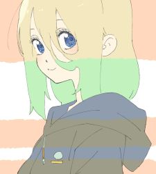 Rule 34 | 1girl, absurdres, bad id, bad twitter id, blonde hair, blue eyes, blush, closed mouth, copyright request, donguri suzume, from side, green hair, grey hoodie, hair between eyes, highres, hood, hood down, hoodie, looking at viewer, looking to the side, multicolored hair, page tear, revealing layer, smile, solo, two-tone hair, upper body