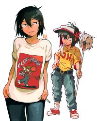 Rule 34 | artist name, baggy pants, black eyes, black hair, blupixl, breasts, commentary, english commentary, frown, highres, holding, holding mop, mop, original, pants, scott pilgrim (series), scott pilgrim, shirt, shoes, short hair, signature, small breasts, smile, sneakers, sweat, t-shirt, towel on one shoulder, visor cap